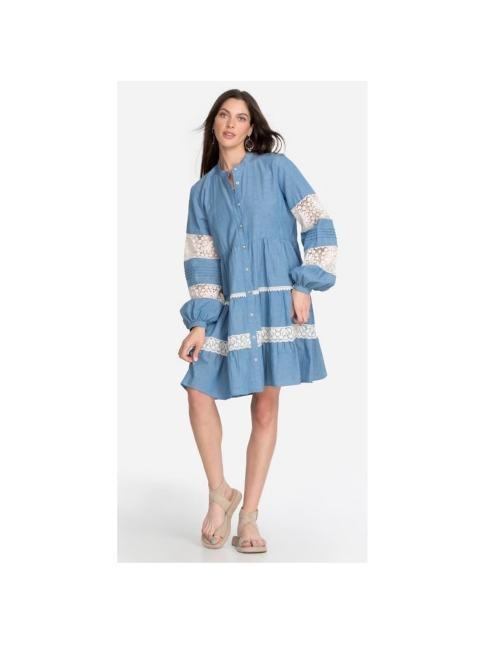 Johnny Was Sky Blue Midi Dress with Cream Lace Insets